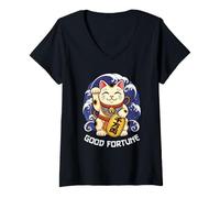 Mujer Good Fortune Lucky Cat Maneki Luck Charm Neko Japonés Camiseta Cuello V
