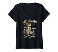 Mujer Good Girls Read Bad Books Vintage Skeleton Reader Camiseta Cuello V