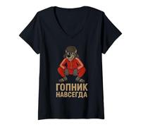 Mujer Gopnik Forever Funny Gopnik Wolf Ruso Squat Pose Camiseta Cuello V