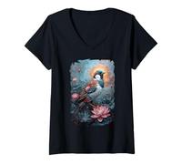 Mujer Gorrión Pájaro Rodeado De Pétalos Florales, Plumas Exóticas Camiseta Cuello V