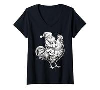 Mujer Gorro clásico de Papá Noel con Forma de Pollo, Retro, Navidad, Crazy Rooster Camiseta Cuello V