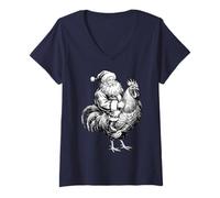 Mujer Gorro Vintage de Papá Noel navideño con Forma de Pollo, Retro, Crazy Rooster Camiseta Cuello V