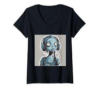Mujer Goth Girl Zombie EMO Chica gótica con Auriculares Camiseta Cuello V