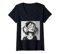 Mujer Goth Girl Zombie EMO Chica gótica con Auriculares Camiseta Cuello V