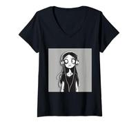 Mujer Goth Girl Zombie EMO Chica gótica con Auriculares Camiseta Cuello V