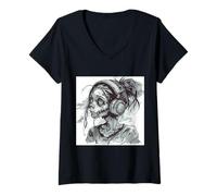 Mujer Goth Girl Zombie EMO Chica gótica con Auriculares Camiseta Cuello V