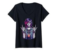 Mujer Goth Skeleton Girl Rock Guitar Punk Skull Art Rock 'n Roll Camiseta Cuello V