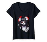 Mujer Gothic Anime Girl Red Eyes Cracked Face Haunting Anime Girl Camiseta Cuello V