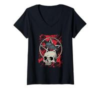 Mujer Gothic Crow Skull Pentagram Halloween Camiseta Cuello V