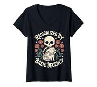 Mujer Gótico radicalizado por la decencia básica Amante de los Gatos Esqueleto Mujeres Camiseta Cuello V