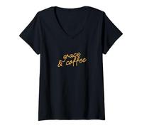 Mujer Grace & Coffee Guión de Frase de fe Minimalista Divertida Camiseta Cuello V