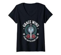 Mujer Grace GANA Cada Batalla Christian Streetwear Camiseta Cuello V