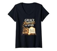 Mujer Grace Reescribe la Historia: Cruz Cristiana del Libro de la Vida Camiseta Cuello V