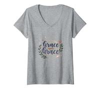 Mujer Grace Upon Grace: La fe inspiradora de Las Mujeres cristianas Camiseta Cuello V, Gris Jaspeado, L
