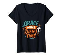 Mujer Grace Wins Every Time - Cita Vintage de fe Cristiana Camiseta Cuello V