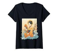 Mujer Gracia, misterio y el flujo de la tradición. Geisha. Camiseta Cuello V