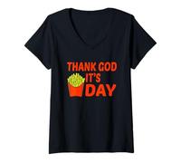 Mujer Gracias a Dios Sus Papas Fritas Divertido TGIF Amante Comida Humor Diseño Camiseta Cuello V