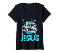 Mujer Gracias Jesús Feliz Cumpleaños Navidad Celebra a Cristo Camiseta Cuello V