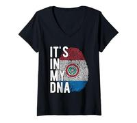 Mujer Gracioso está en mi ADN Bandera de Paraguay Huella digital Camiseta Cuello V