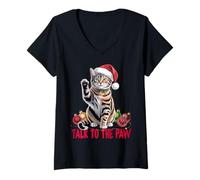 Mujer Gracioso Santa Cat Talk To The Paw enredado en la luz de Camiseta Cuello V