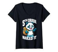 Mujer Graduación Divertida de niño Panda Feliz de 5to Grado clavado Camiseta Cuello V