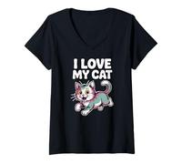 Mujer Gráfico adorable de gatito I Love My Cat Camiseta Cuello V