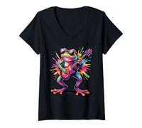 Mujer Gráfico artístico Colorido de Salpicaduras de Pintura Estilo póster de Rana de Guitarra Camiseta Cuello V