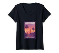 Mujer Gráfico artístico de viaje de Los Ángeles California Sunrise Dusk Dawn Camiseta Cuello V