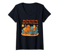 Mujer Gráfico artístico Divertido de My Dog Lets Me Sit On The Couch Camiseta Cuello V
