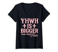 Mujer Gráfico Cristiano de YHWH es más Grande Que tu Miedo Camiseta Cuello V