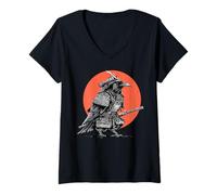 Mujer Gráfico Cuervo Guerrero Puesta de Sol japonés Ukiyo-e Arte Camiseta Cuello V