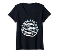 Mujer Gráfico de América del 4 de Julio Young Scrappy and Hungry USA Camiseta Cuello V