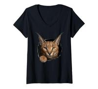 Mujer Gráfico de Animal Caracal Wild Cat Breaking Through Torn Hole Camiseta Cuello V