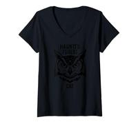Mujer Gráfico de búho de Gato del Bosque Encantado para Espeluznante y Halloween Camiseta Cuello V