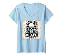 Mujer Gráfico de Calavera de Rock de Metal Pesado hasta la Muerte Camiseta Cuello V, Azul Bebé, XL