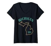 Mujer Gráfico de código de área 313 de Michigan - Great Lakes State Detroit Camiseta Cuello V
