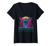 Mujer Gráfico de Dinosaurio T-Rex Estilo Retro de los años 80 Camiseta Cuello V