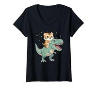 Mujer Gráfico de Dinosaurio T-Rex montado en Gatito Tigre Camiseta Cuello V