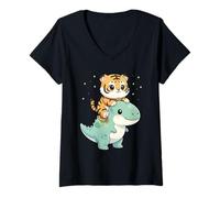 Mujer Gráfico de Dinosaurio T-Rex montado en Gatito Tigre Camiseta Cuello V