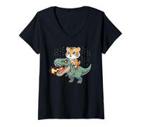 Mujer Gráfico de Dinosaurio T-Rex montado en Gatito Tigre Camiseta Cuello V