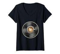 Mujer Gráfico de Disco de Vinilo de café para DJs Amantes de la música Camiseta Cuello V