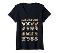 Mujer Gráfico de Especies de búhos del Mundo para Amantes de Las Aves Camiseta Cuello V