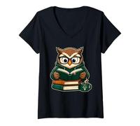 Mujer Gráfico de Estudio de un Lindo búho Leyendo Libros Camiseta Cuello V