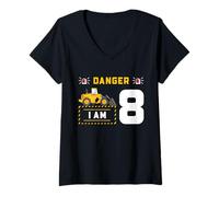 Mujer Gráfico de Fiesta de construcción peligrosa para el Octavo cumpleaños de una Excavadora Camiseta Cuello V