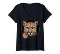 Mujer Gráfico de Gato Salvaje de Mountain Lion Breaking Through Torn Hole Camiseta Cuello V