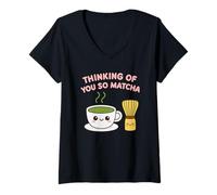 Mujer Gráfico de Juego de Palabras Kawaii con té Verde Thinking of You So Matcha Lover Camiseta Cuello V