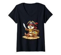Mujer Gráfico de Mascota del Tesoro de Nutria Pirata Camiseta Cuello V