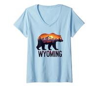 Mujer Gráfico de Oso y Puesta de Sol de montaña de Wy Camiseta Cuello V