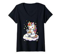 Mujer Gráfico de Pasta de Espaguetis arcoíris con Unicornio Chibi Camiseta Cuello V
