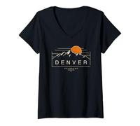 Mujer Gráfico de Puesta de Sol de Las montañas de Denver, Colorado, Estilo Vintage Camiseta Cuello V